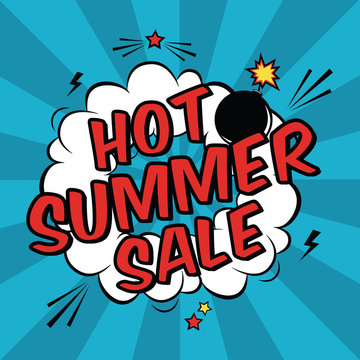 Vector colorful pop art illustration with Hot Summer Sale discount promotion. Decorative template with cloud and bomb explosion in modern comics style.