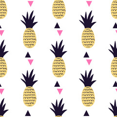 Vector seamless pattern with pineapples and triangles. Cute summer fruit background.
