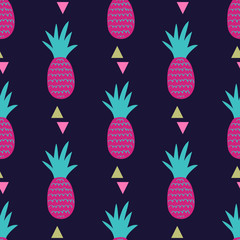 Vector seamless pattern with pineapples and triangles. Cute summer fruit background.