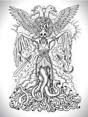 Fototapeta premium Black and white drawing with evil goddess or female demon with tentacles, skull and mystic spiritual symbols. Occult and esoteric vector illustration