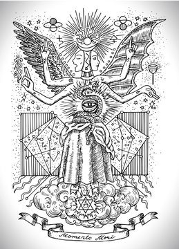 Black and white drawing of mystic and spiritual symbols, goddess of wisdom and eternity, vingette banner and constellations. Occult and esoteric vector illustration
