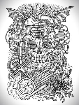 Black and white drawing with scary skull, steampunk and ghotic symbols as rose, demon wings, cross, cogs and wheels. Occult and esoteric vector illustration