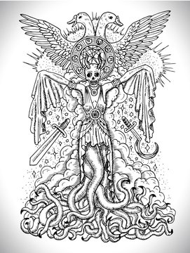 Black and white drawing with evil goddess or female demon with tentacles, skull and mystic spiritual symbols. Occult and esoteric vector illustration