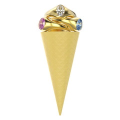 3D illustration isolated waffle ice cream with three gold rings with diamonds