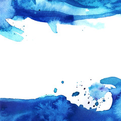 Painted watercolor background, blue wave, splashes, divorces, frame on white background for design, decor
