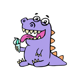 Cartoon purple croc eating ice cream. Vector illustration.