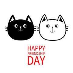 Happy Friendship Day. Black White contour Cat head couple family icon. Cute funny cartoon character set. Greeting card. Kitty Whisker Baby pet collection White background. Isolated. Flat design