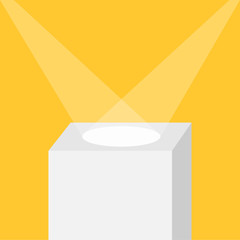 Square stage podium illuminated by spotlights. Empty pedestal for display. 3d realistic platform for design. Isolated. Yellow background. Template. Flat design.