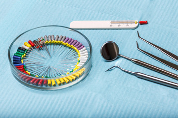 endodontic instruments on the napkin. Top view.