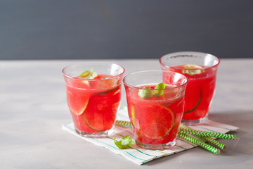 watermelon lemonade with lime and mint, summer refreshing drink