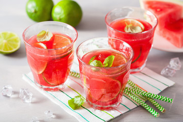 watermelon lemonade with lime and mint, summer refreshing drink