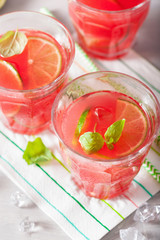 watermelon lemonade with lime and mint, summer refreshing drink