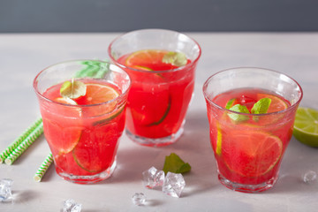 watermelon lemonade with lime and mint, summer refreshing drink