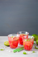 watermelon lemonade with lime and mint, summer refreshing drink