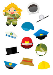 cartoon matching game with finding proper hats to occupation - soldier girl - illustration for children