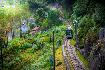 Floibanen funicular to Mt Floyen at Bergen City, from Top of Mount Floyen Glass Balcony Viewpoint mountain in Norway