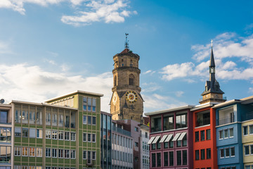 Fototapeta na wymiar Stuttgart Rathaus Marketplace German City Pleasant Sunny Day Blue Sky European Landscape Colorful