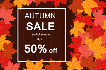 Naklejka na ściany i meble The autumn sale . Banner with autumn leaves , discount, sale. Vector illustration.