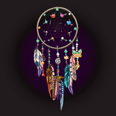 Hand drawn ornate Dreamcatcher with feathers, jewels and colorful gemstones on black background. Astrology, spirituality, magic symbol. Ethnic tribal element.
