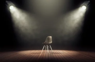 Poster Schijnwerpers verlichten leeg podium met stoel op donkere achtergrond. 3D-rendering © rottenman