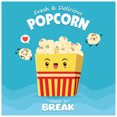 Vintage food poster design with popcorn character. - obrazy, fototapety, plakaty