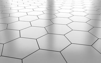 White glossy hexagon ceramic tile floor background. 3d rendering
