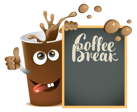 Vector banner with cheerful cup of coffee and blackboard with inscription Coffee break