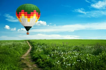Foto op Canvas Kleurrijke heteluchtballon die over het veld vliegt tegen blauwe bewolkte hemel © Sergey Bogdanov
