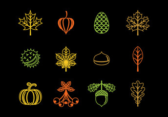 Autumn icons in modern line style. Vector illustration on a black background.