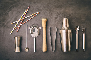 Alcohol bar beverage utensils and martini shaker