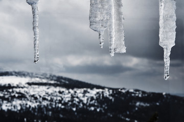Ice icicles hanging from the roof of the shelter in the Giant Mountains in Poland.