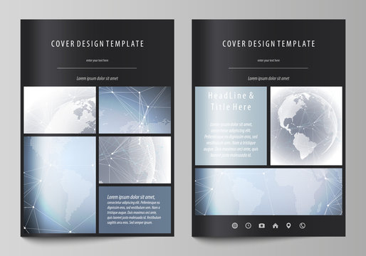 The black colored vector illustration of the editable layout of A4 format covers design templates for brochure, magazine, flyer, booklet. Abstract futuristic network shapes. High tech background.