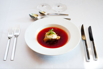 Beetroot soup with chicken