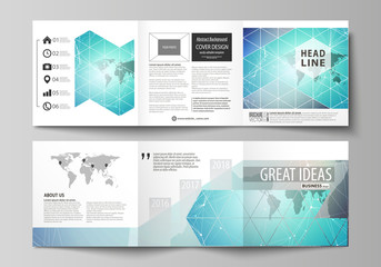 The minimalistic vector illustration of the editable layout. Two modern creative covers design templates for square brochure or flyer. Molecule structure, connecting lines and dots. Technology concept