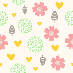 Cute seamless pattern with flowers, leaves, hearts and dots.