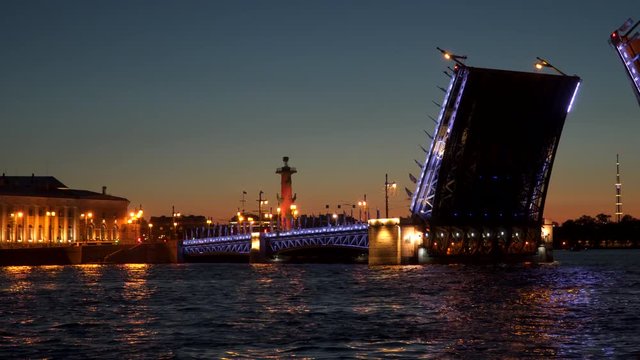 Dvortsovy drawbridge on Neva river is opened in Saint Petersburg, Russia