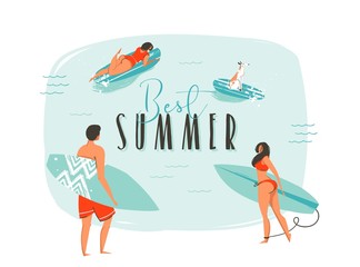 Hand drawn vector abstract cartoon summer time fun illustration with happy surfers family with long boards and modern typography quote