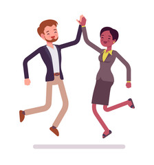 Businessman and businesswoman highfive jumping
