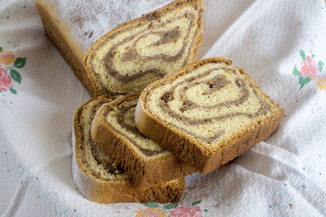 Traditional Slovenian potica, a festive cake filled with walnut filling.