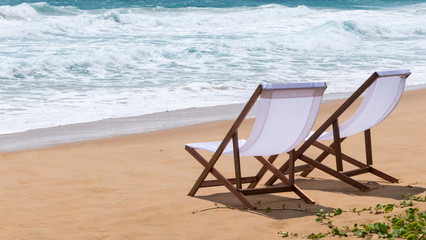 Fototapeta na wymiar Beach Chair, White Fabric on Karon Beach, Phuket, Thailand