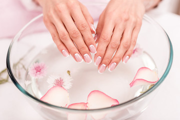 close-up view of female hands receiving spa treatment in glass bowl with rose petals