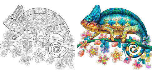 Coloring page of chameleon lizard. Colorless and color samples for book cover. Freehand sketch drawing for adult antistress colouring with doodle and zentangle elements. - obrazy, fototapety, plakaty