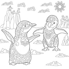 Obraz premium Coloring page of young penguins among arctic landscape. Freehand sketch drawing for adult antistress coloring book in zentangle style.