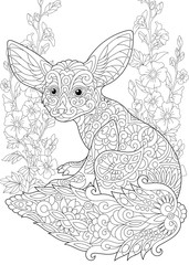 Coloring page. Fennec fox and mallow flowers. Freehand sketch drawing for adult antistress colouring book in zentangle style.
