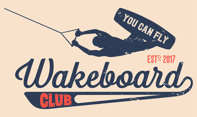 Vector logo wakeboard club in vintage style for your unique design, printing on T-shirts or the Internet