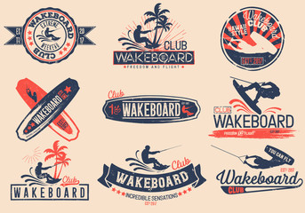 Vintage vector set of logos for the wakeboard club for your unique design, printing on a T-shirt, the Internet. - obrazy, fototapety, plakaty