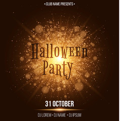 Halloween party. Bautiful text in the style of Horor. Abstract large bright flash of light with golden lights. The names of the club and DJ. Luxurious invitation card for the holiday