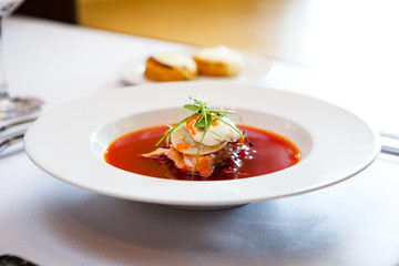 Beetroot soup with chicken