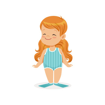 Redhead little girl wearing blue swimsuit and flippers, kids summer vacation colorful character vector Illustration
