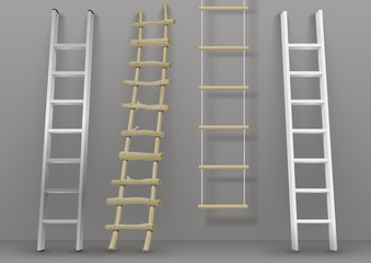 A set of different ladders made of wood or metal. Rope-ladder. Vector graphics with transparency effect